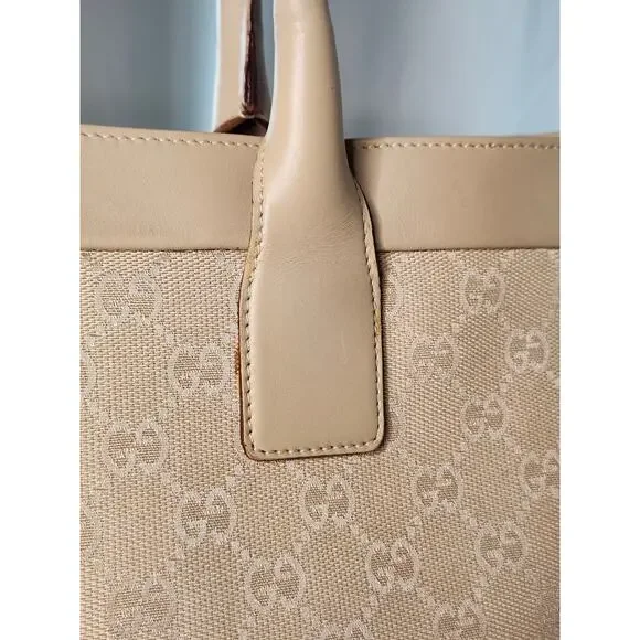 SOLD Gucci GG Monogram Canvas Tote Light Beige Leather Large Shopper Shoulder - Picture 3 of 16